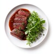 © Firadoaw - Medium rare meat steak with sauce and fresh herb salad served on plate, isolated on white background, healthy food concept