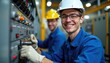 © Viktor - Two young men wear blue work overalls and helmets. One works on electrical panel with gloves. Other man smiles at camera. Both are training for electrical jobs.