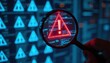 © Viktor - System engineer inspects digital network for cyber security threats. Magnifying glass reveals red warning triangle with exclamation mark. Digital data flow shows an error or risk.