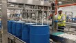 © DigitalSpace - Industrial filling machine dispensing bulk chemicals into plastic drums showing efficient material handling and safety measures in medium shot.