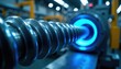 © Viktor - Industrial screw extruder detail with bright blue illumination. Machine component for plastic processing. Heavy duty metal machinery for factory production. Advanced tech for manufacturing.