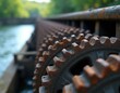 © Viktor - Rusty metal gears on industrial floodgate mechanism. Water flows beside old, toothed cogwheels of a dam. Engineering structure controls water flow, shows aging equipment.