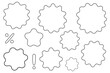 © Monika Jurczyk - Hand drawn badge outlines PNG. Black starburst labels with percent and exclamation symbols, minimal sketch style sale stickers for ecommerce, marketing, UI, apps and web design. High-res PNG