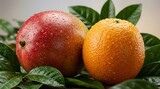 Segarnya Mango dan Jeruk Tropis dengan Tetesan Air Dikelilingi Daun Hijau Subur, Kombinasi Buah Musiman yang Menyegarkan