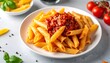 © josh - Close-up of delicious homemade penne pasta with a rich red tomato sauce and fresh basil, a classic Italian comfort food dish served on a white plate