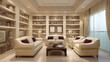 © buraratn - Elegant Living Room with Cream Sofas and Library Shelves Filled with Books, Soft Lighting, and Modern Decor for Cozy Home Ambiance