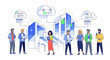 © AntonAlfatih02 - Illustration of diverse business professionals standing in front of large servers and data visualizations with thought bubbles conveying digital concepts in a modern tech environment.