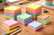 © Nadiia - Colorful sticky notes stacked on desk with office supplies organized workspace for planning and ideas