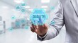 © R Studio - quality, business, control, assurance, standard, management, technology concept of a businessman using a digital interface for corporate excellence and process optimization.
