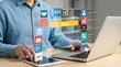 © R Studio - business, data, analytics, sales, kpi, technology, digital dashboard showing financial growth and marketing statistics on laptop and tablet within a modern corporate workspace.