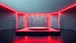© antishock - Empty stage illuminated with vibrant red neon lights. Dark room creates dramatic presentation space. Minimalist design focuses attention center.
