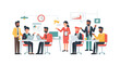 © Ahmad - This flat illustration depicts a diverse team of professionals collaborating and analyzing data in a bright, modern office space.