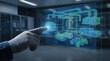 © remake - Gloved hand pointing at digital wireframe hvac system with pipes chillers and mechanical units. Smart building management and industrial engineering visualization for energy facility infrastructure