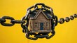 © Your Stocks  - Conceptual image of a small wooden house tied and wrapped in metal chains symbolizing real estate debt with struggle