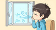 © Suminah - Chibi boy in a light blue hoodie breathing in fresh air through an open window, blue wind swirls depicting breeze, indoor ventilation, healthy morning routine, digital illustration.