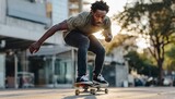 Young Black Man Skateboarding in Urban Environment.