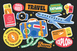 © titusurya - Set of Travel stickers elements collection. Airplane, suitcase, compass, camera, boarding pass. Explore travel badges and patches.