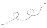Curved dotted line with heart shapes, romantic arrow path, love trail design, decorative swirl line