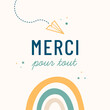© Manon - Carte de remerciement avec message “Merci pour tout”, design minimaliste avec éléments scolaires et arc-en-ciel. Idéal pour fin d’année scolaire et cadeau enfant. Message doux