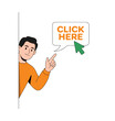 © Shekhar.b2d - Man peeking from corner pointing at click here button and cursor finger.