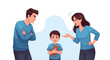 © Tatiana - Parents arguing while child stands between them, flat style illustration of family tension and emotional stress in parenting situation