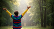 © PhotoArtHub - Back view of a young person with arms raised in a forest, embodying freedom and joy amidst nature's embrace, a symbol of liberation and happiness