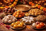 Indian festive desserts assortment for Dussehra and wedding events including copyspace
