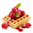 © Food and drink - Oozing raspberry sauce on an isolated waffle with a white background, rich and detailed.