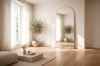 © AkuAku - Light flooded minimalist space with wooden floor finish and a tall reflective mirror