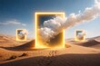 © AkuAku - Digital rendering of a surreal desert with yellow portal squares absorbing white clouds in clear daylight