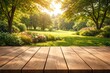 © AkuAku - Clean wooden deck tabletop amidst flourishing park landscape great for product display montage