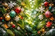 © AkuAku - Holiday backdrop with vivid ornaments and snowflakes set against dense tropical greenery