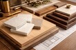 © AkuAku - Interior material selection close-up showcasing artificial quartz stone and wood veneer samples arranged on laminated wood palette ideal for kitchen counters