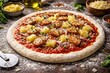 © TheWaterMeloonProjec - Copy space background showing homemade pizza dough topped with pineapple chicken sausage and tomato sauce