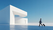 © master1305 - Modern curved building with businesswoman walking with suitcase by water concept travel. Soft natural light, wide minimal scene, copy space, fits travel, business, lifestyle