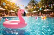 © pngking - Festive summer pool party showcasing a pink flamingo float on crystal blue water with copy space