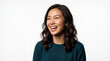 © Gading - Portrait of a Joyful Young Asian Woman Laughing with Genuine Expression, Wearing Teal Sweater against a Clean White Studio Background