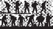 © shakila - Black silhouettes, pixelated background, men at work, labor icons, vector graphics