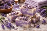 Artisan lavender floral soaps set on distressed white wooden table