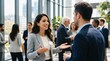 © TheseusStock - Businesswoman networking with a colleague at a modern corporate conference