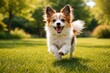 © AbstractAI - Cheerful small dog running freely on thick green grass lawn on a bright summer day full length