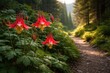 © vxnaghiyev - Detailed close up of red columbine blossoms thriving on a mountain path surrounded by forest greenery