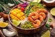 © vxnaghiyev - Colorful tropical seafood bowl with shrimp mango avocado and coconut