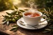 © vxnaghiyev - Brewed tea steaming in a white cup paired with freshly picked olive branches