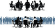 © mokbul - Business meeting silhouettes with conference table discussion and corporate teamwork scene, professional office environment illustration showing collaboration, leadership, and group decision making