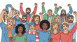 © Felipe - A diverse and unified group of people celebrate together, raising their fists in a symbol of unity and solidarity. Their faces radiate happiness and togetherness, representing the power of community