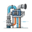 © Yahya - Industrial pump system with pipes, motor, and control panel, flat design illustration
