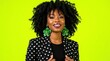 © Влада Яковенко - Woman with natural textured hair glossy lips green flower earrings and white polka dot blazer on neon lime background, bold pop fashion portrait, striking editorial styling, no logos