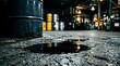 © AynunNaher - Industrial warehouse floor with large dark oil spill near metal drum.