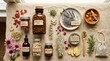 © Coosh448 - Collection of natural herbal remedies and supplements on a beige background, wellness and alternative health concept with assorted botanicals and capsules, clean flat lay composition, soft light, no